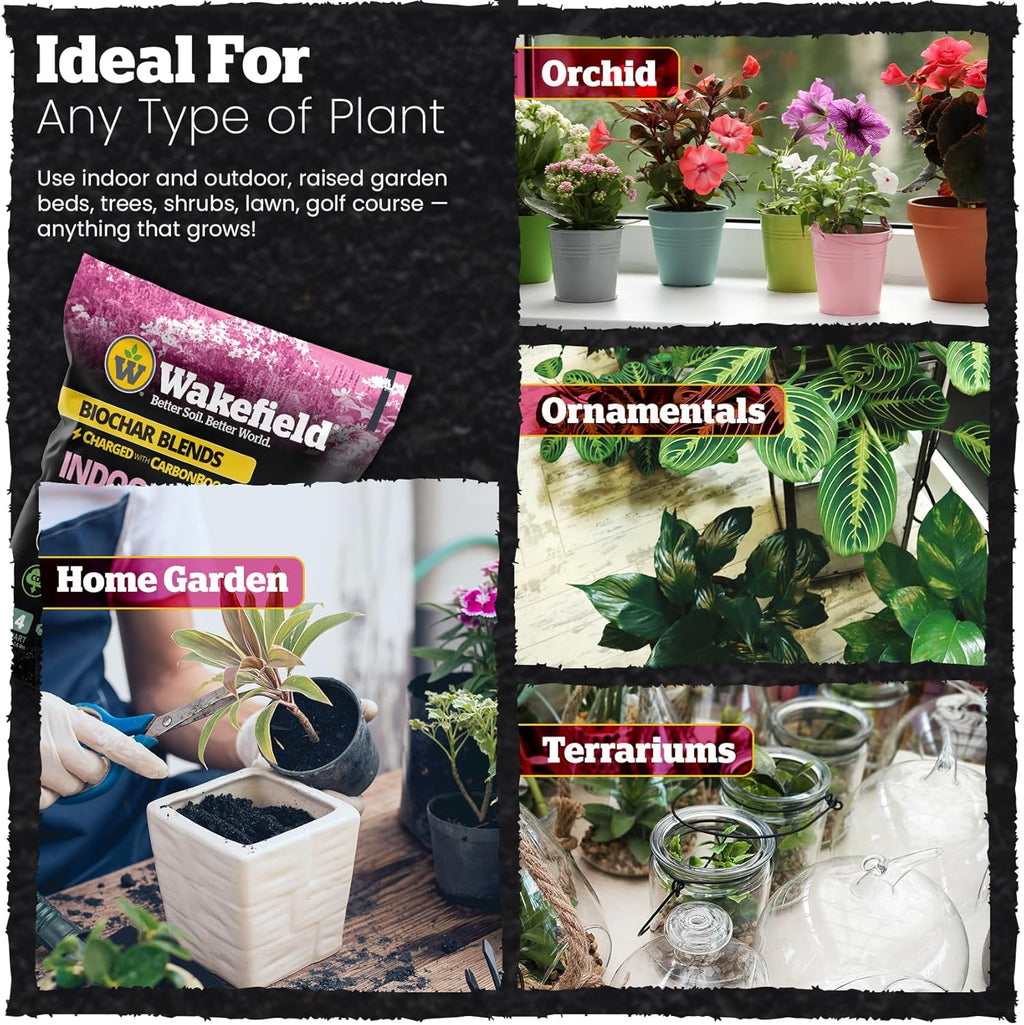 Wakefield Biochar Potting Mix & Indoor Plant Soil – Potting Soil Indoor Plants w/CarbonBoost Technology – Organic Compost, Pine Bark, Worm Castings – Garden Dirt - 4 Quart