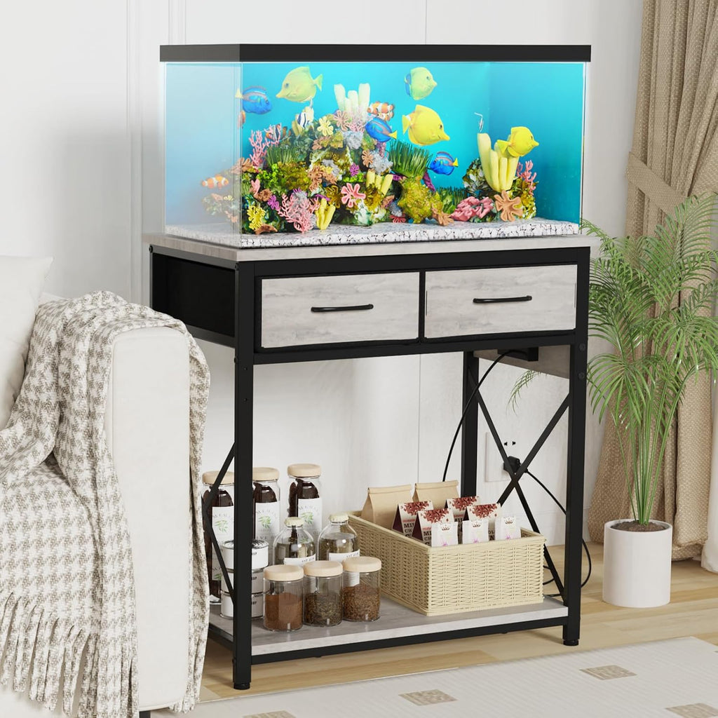 TFK 20-29-37 Gallon Fish Tank Stand with Power Outlet, Heavy Duty Metal Aquarium Stand with Two Storage Drawers for Fish Tank Accessories Storage, Perfect for Turtle Tank, Reptile Terrarium, Grey