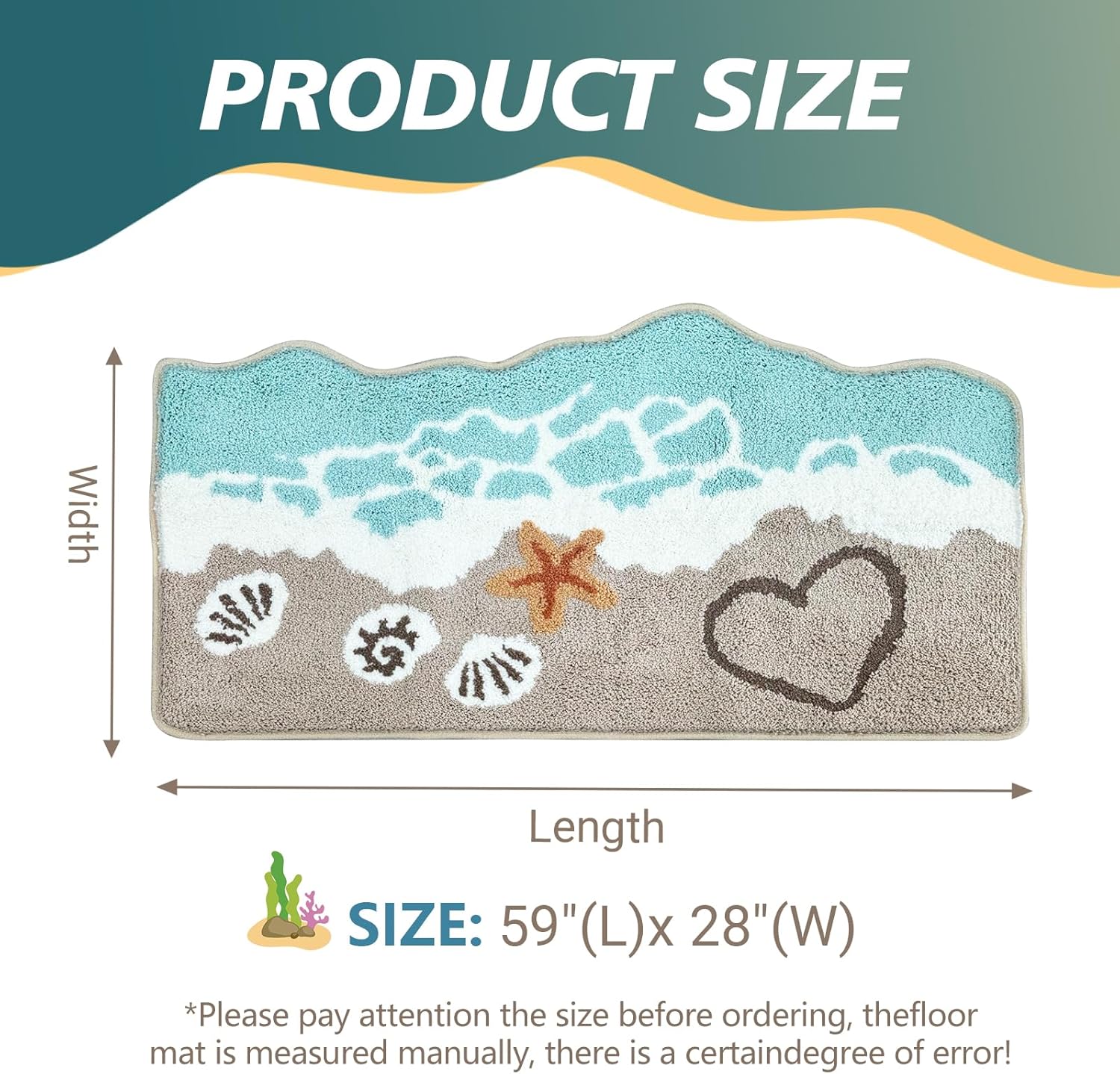 Beach Bathroom Rugs Soft Absorbent Ocean Wave Bath Mat with Non-Slip Backing Coastal Decor for Bathroom Kitchen Entryway, Blue Sea Design with Starfish Shells Pattern Bath Decor(C, 28"x59")