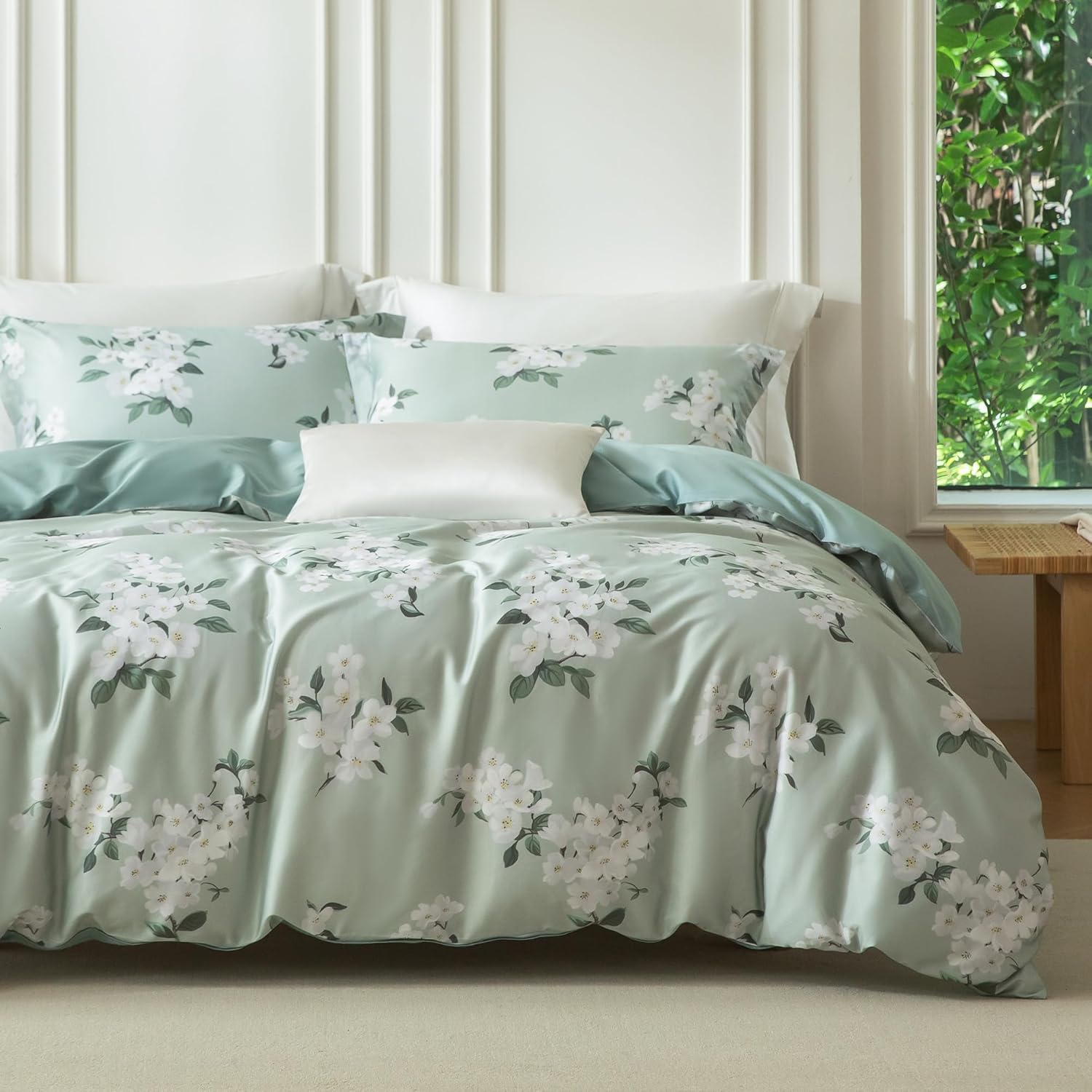 MILDLY Twin Size Duvet Cover Set 100% Long-Staple Cotton Luxury Sage Green Floral Patten Reversible Comforter Cover Set 2Pcs