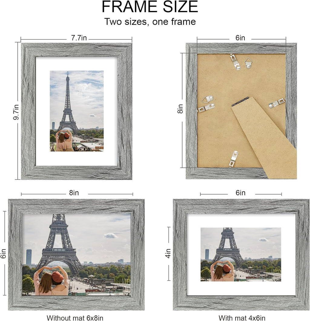 6x8 Picture Frame Set of 4, Made of Real Glass and Grey Frame - Display Picture 4x6 with Mat or 6x8 Without Mat, 6 by 8 Photo for Wall or Tabletop