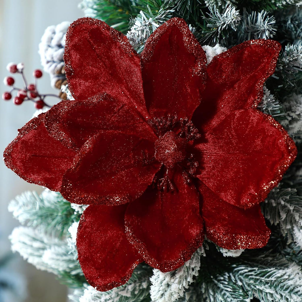 8 Pcs Large Christmas Flower Magnolia Flowers Christmas Tree Decoration Artificial Poinsettia Stems Velvet Xmas Ornaments for Xmas Tree Table Decor(Burgundy,12 Inch)