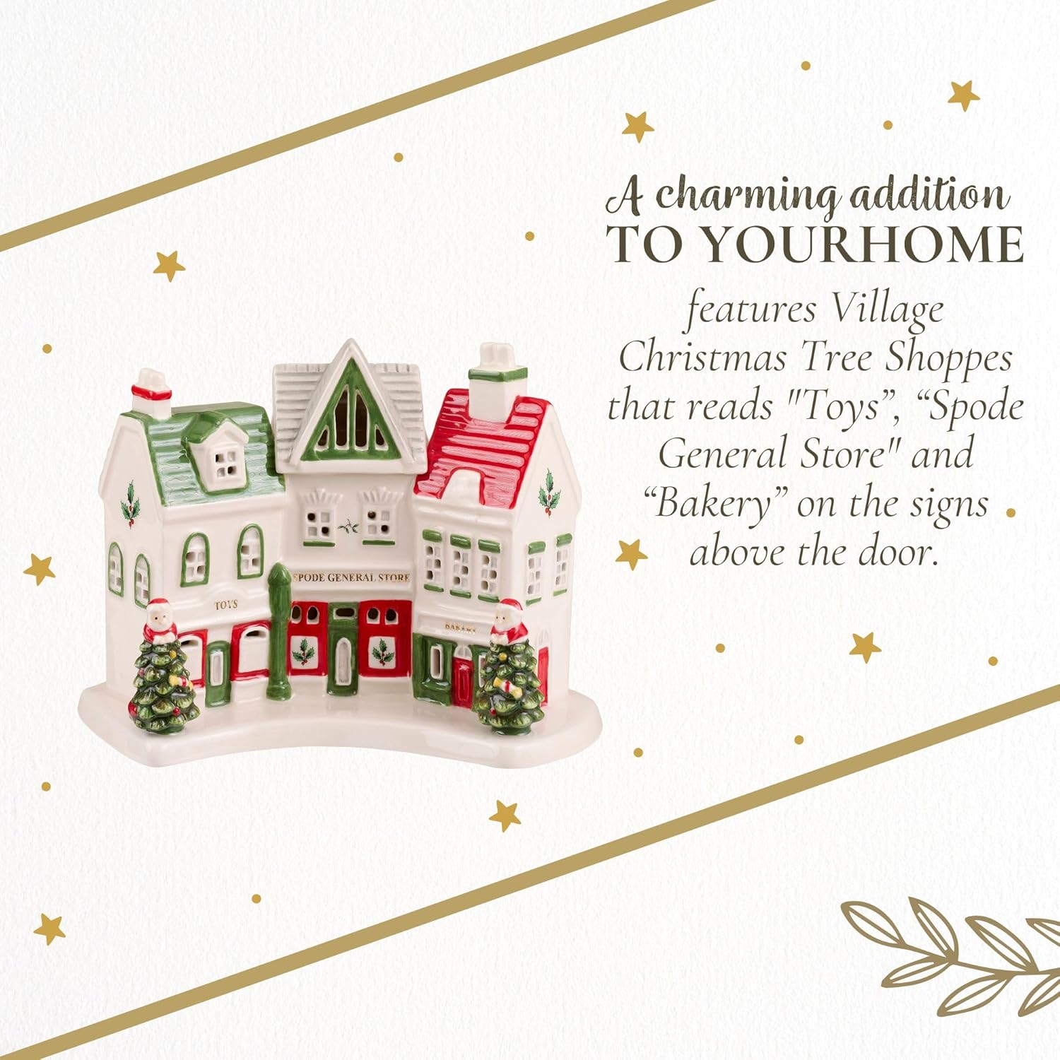 Spode Christmas Tree Miniature Village Figural Decoration - LED Lighted Set, Ceramic Holiday Decor - Dolomite Collectible for Indoor Display (Shoppes)