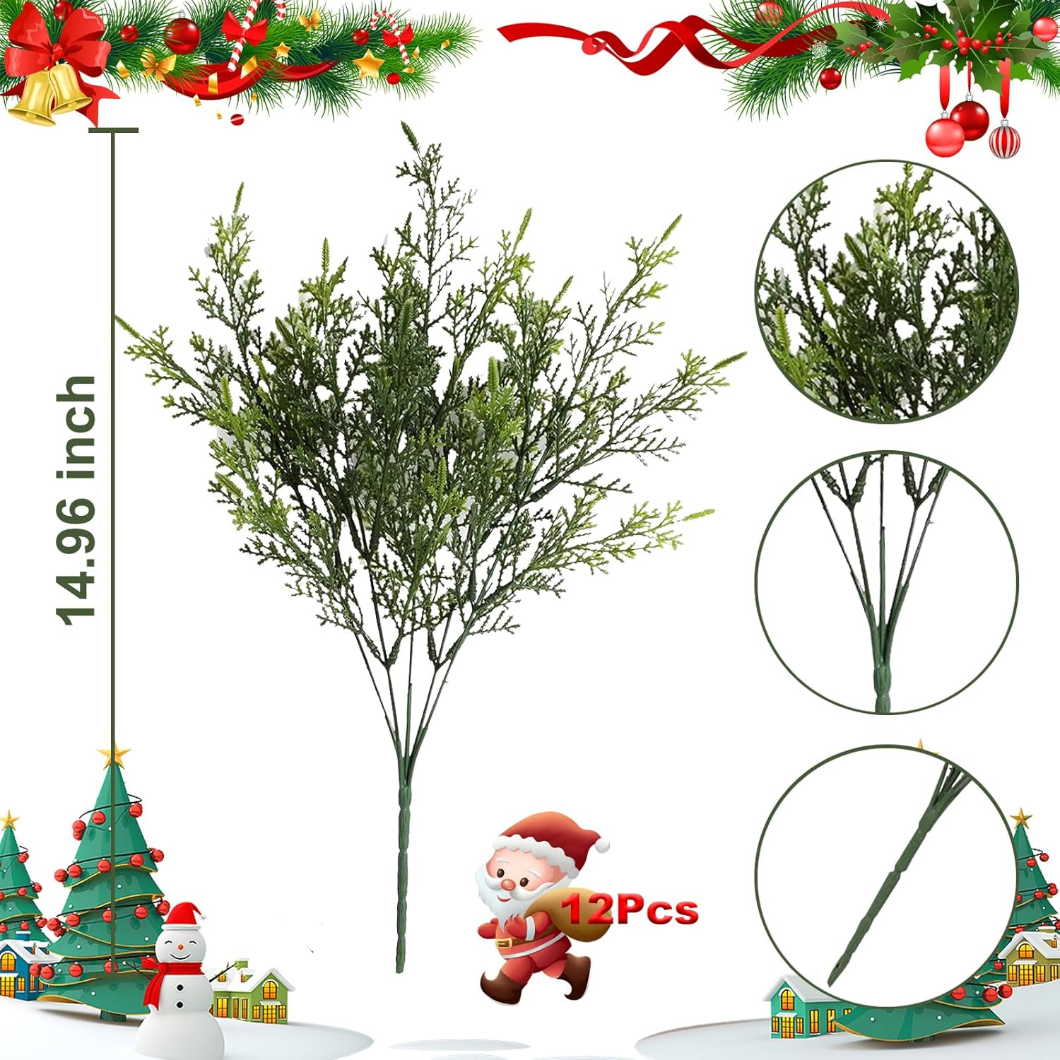 Artificial Outdoor Plants 12 PCS Fake Cedar Plants Plastic Faux Pinetree Stems Greenery Shrubs UV Resistant Colorfast Indoor Outdoor Christmas Home Decor for Windowbox Garden Porch Path