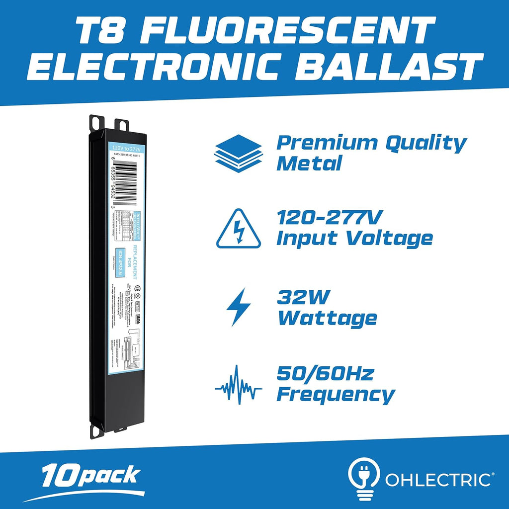 OHLECTRIC 10 Pack - Replacement for ICN4P32-SC 3&4 Lamp - T8 Fluorescent Ballast, Electronic Ballast Replacement 120-277 Volt, Instant Start - Standard and Energy Efficient Ballasts - UL Approved