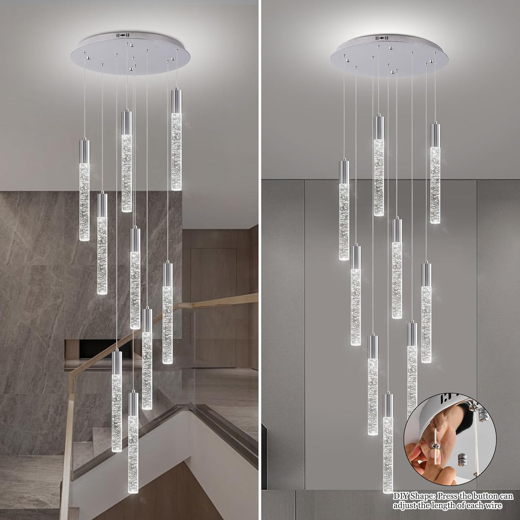 High Ceiling Crystal Chandelier 9-Lights, Spiral Dimmable LED Raindrop Foyer Pendant Light, Bubble Staircase Living Room Hanging Lighting Fixture Chrome