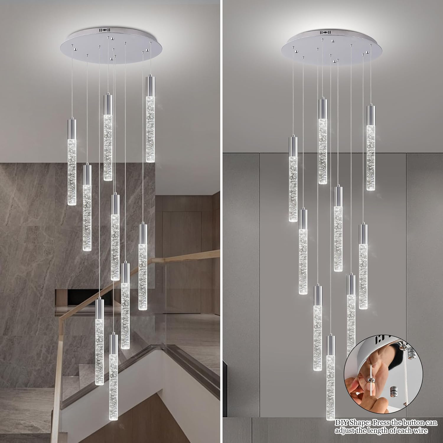 High Ceiling Crystal Chandelier 9-Lights, Spiral Dimmable LED Raindrop Foyer Pendant Light, Bubble Staircase Living Room Hanging Lighting Fixture Chrome