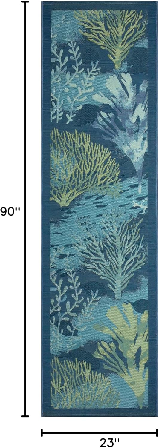 Liora Manne Marina Indoor/Outdoor Power Loomed Synthetic Blend Low Profile Area Rug - Transitional Border Botanical Beach Colorful (Coral Garden Lapis) (1'11" x 7'6")
