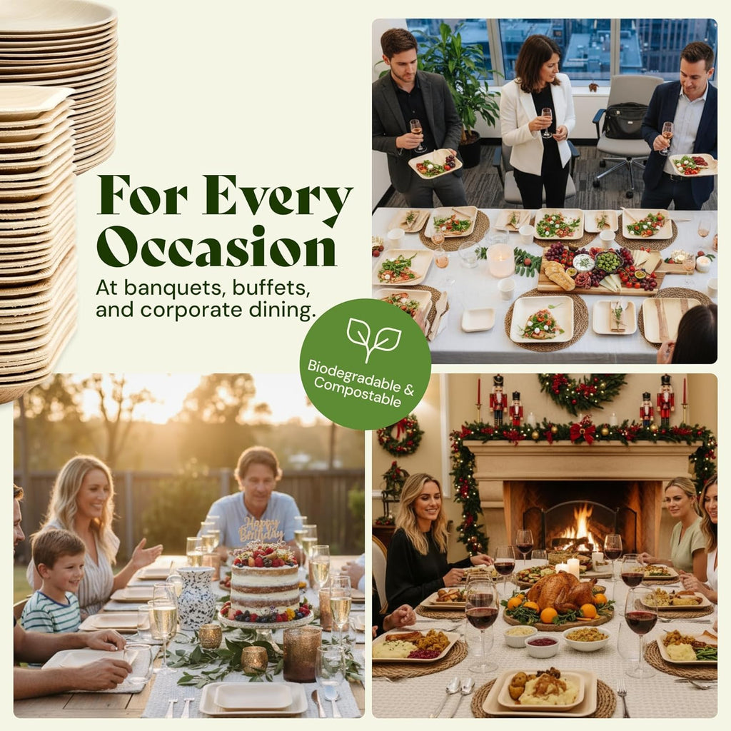 Chic Leaf Palm Leaf Bamboo Plates - 9-Inch Square, Pack of 50 - Eco-Friendly Compostable Platters - Microwave-Safe Disposable Plates - Durable Party Dishware for Christmas Dinner & Holiday Meals