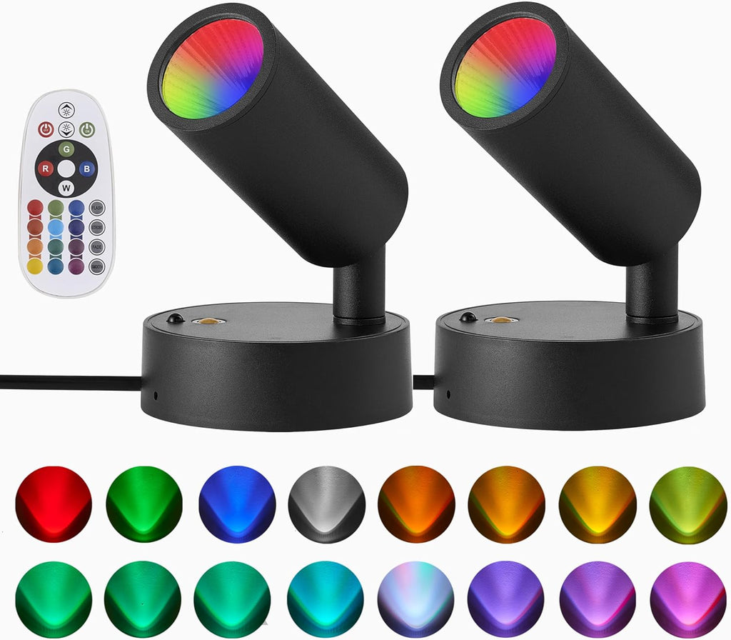 Spot Light with Remote Control Indoor, RGBW Color Changing Wall Light, Mini Spot Lights for Plant, Painting, Artwork, Accent Lighting 2 Pack (Black)