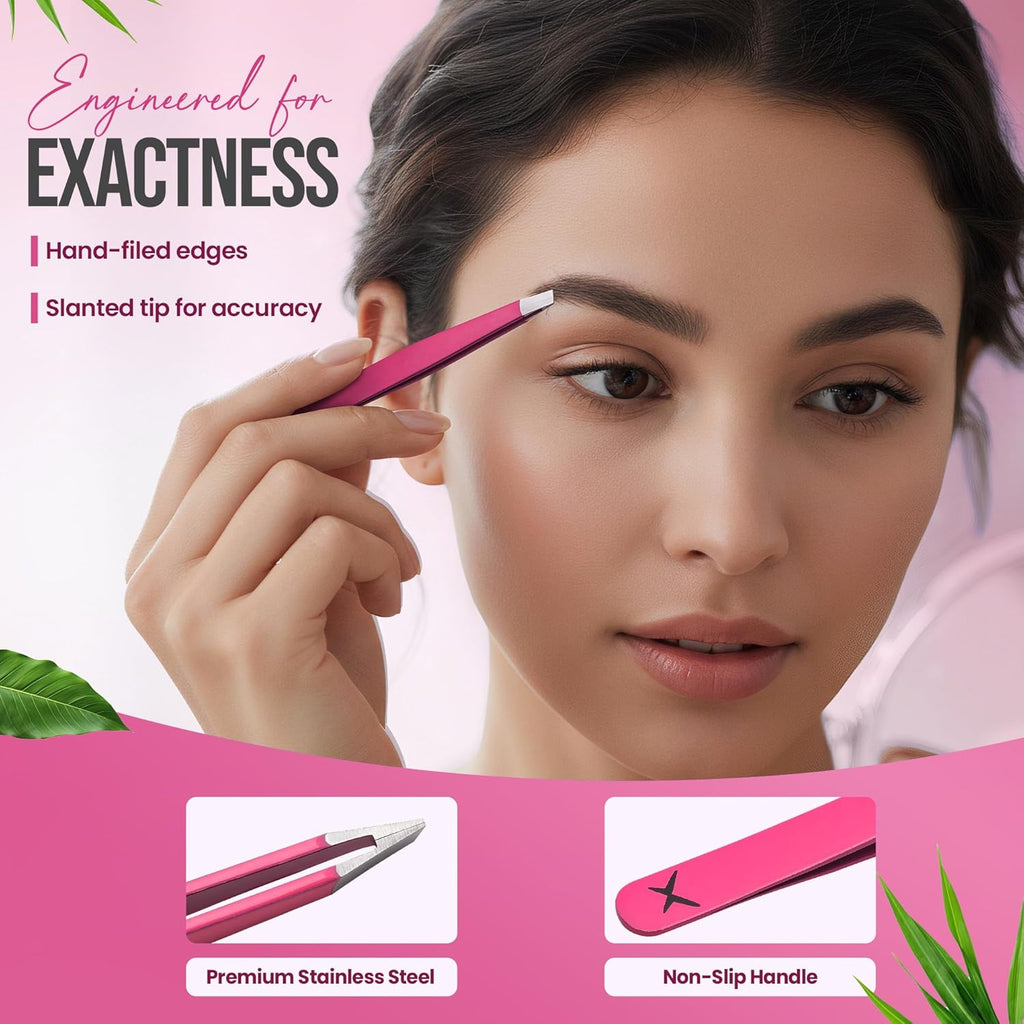 Slanted Stainless Steel Tweezers for Men & Women - Precision Eyebrow Tweezers for Facial Hairs, Strong Grip, Fine Tip, Professional Tweezer for Plucking & Grooming (Neon Pink)