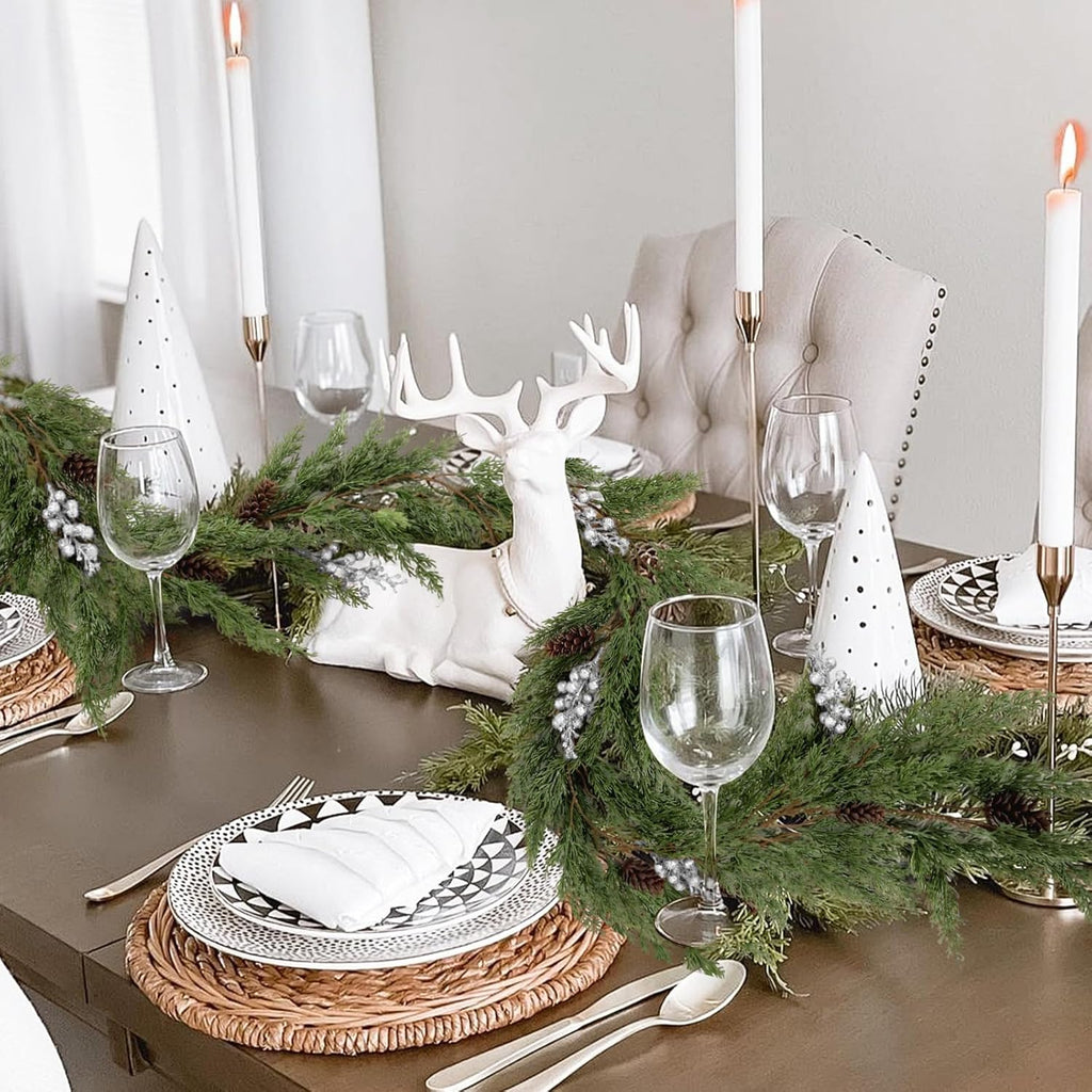 SJL Faux Cypress Pine Garlands 1Pcs Christmas Garland Artificial Realistic Holiday Cedar Pine Needles Greenery Garland Decoration with Pinecones and Berries for Fireplace Table Christmas Party Home