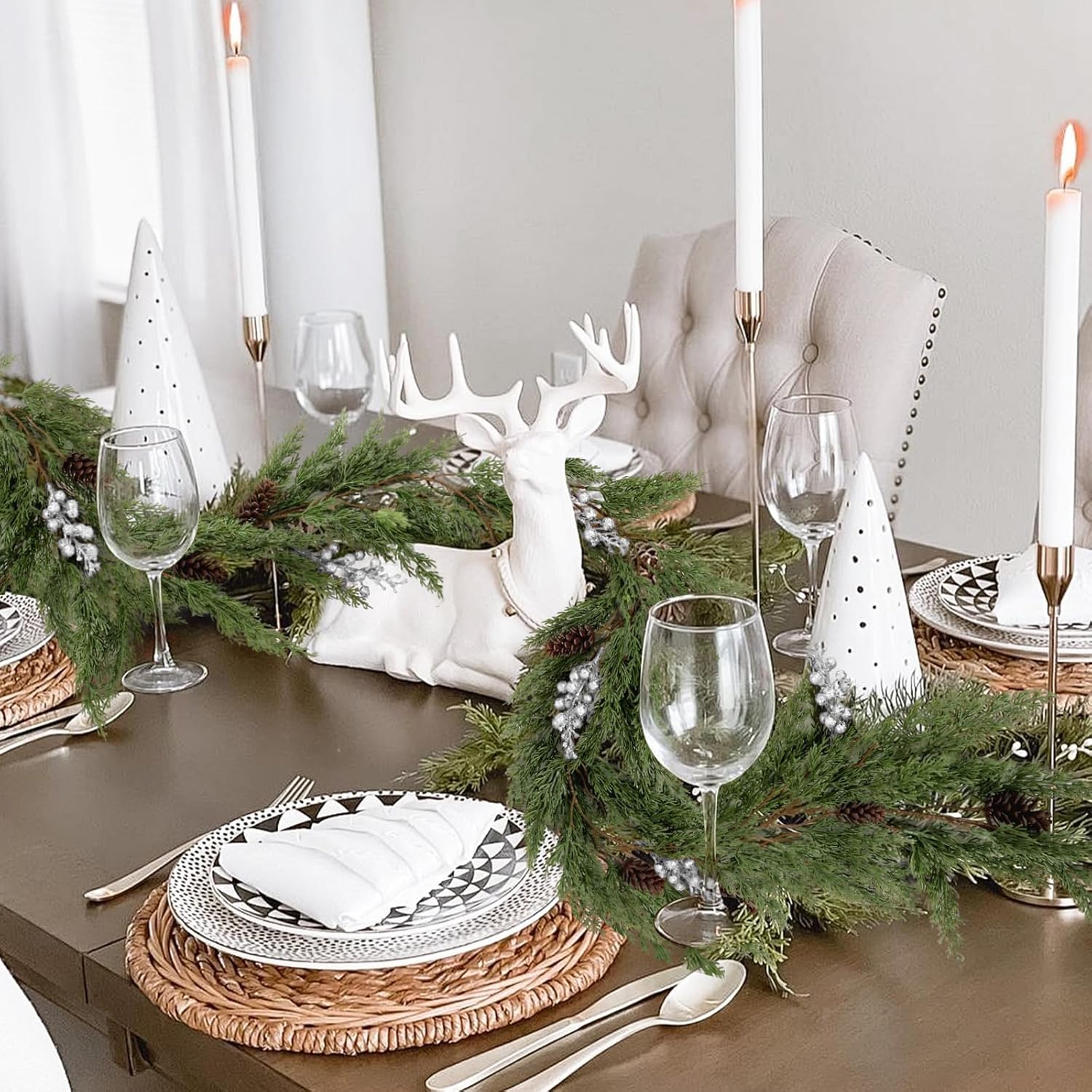SJL Faux Cypress Pine Garlands 1Pcs Christmas Garland Artificial Realistic Holiday Cedar Pine Needles Greenery Garland Decoration with Pinecones and Berries for Fireplace Table Christmas Party Home