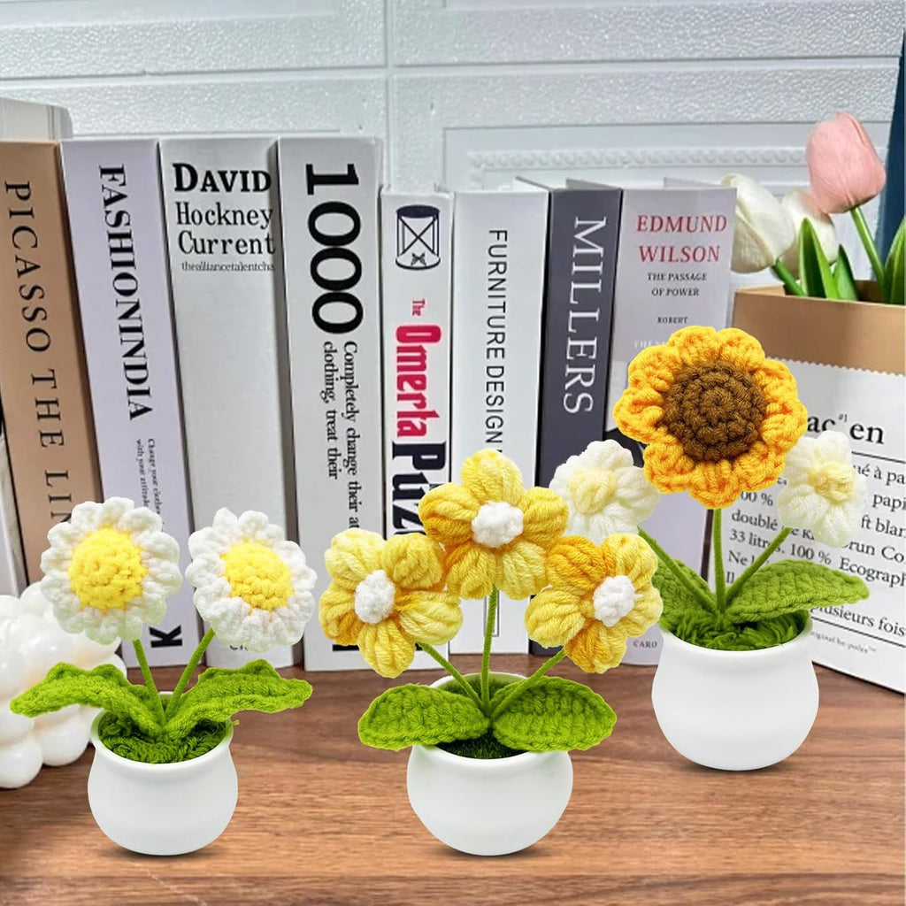 3pcs Crochet Flowers Cute Potted Flower,Mini Flower Bouquet for Mom Wife, Cute Desk Decor for Women,Artificial Handmade Flowers for Car Dashboard,Home Office Decoration (Color#6)