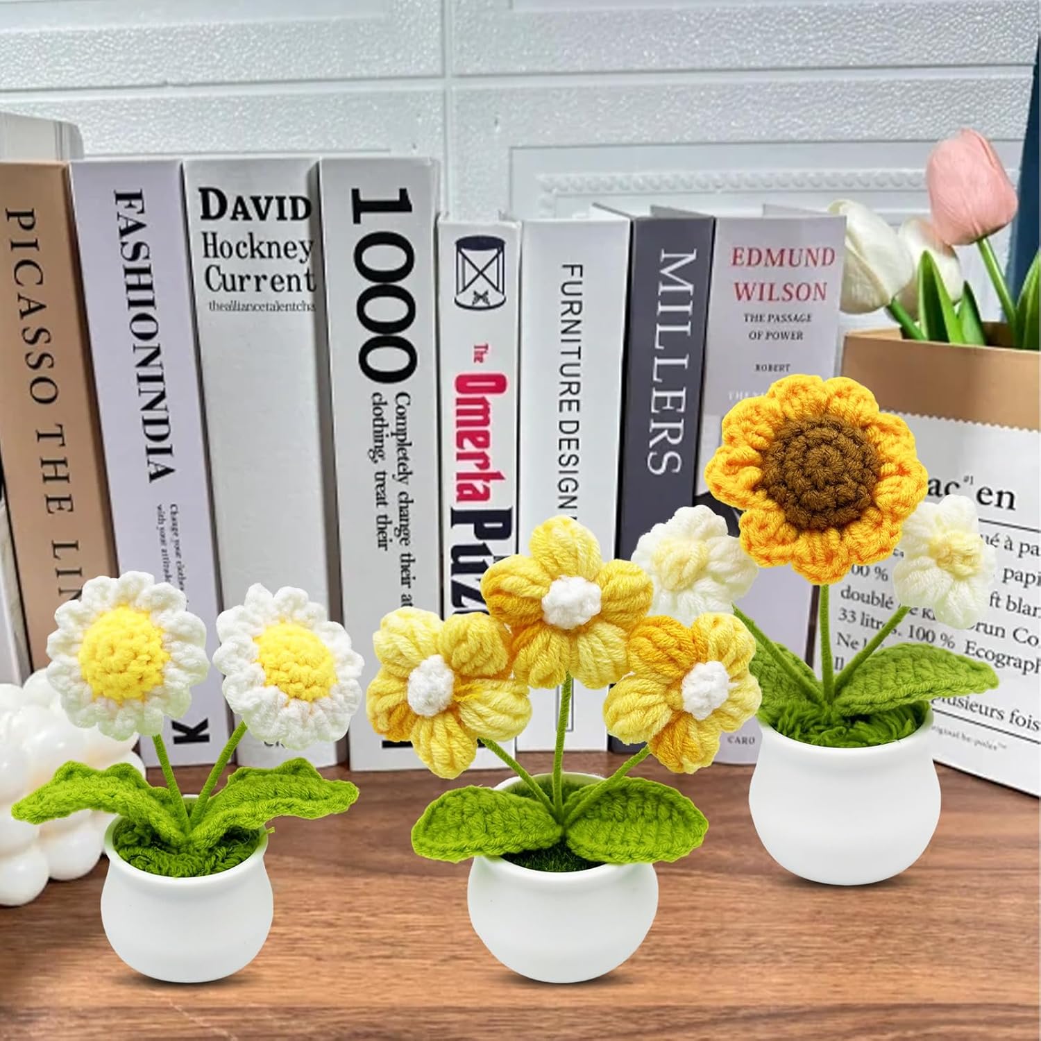 3pcs Crochet Flowers Cute Potted Flower,Mini Flower Bouquet for Mom Wife, Cute Desk Decor for Women,Artificial Handmade Flowers for Car Dashboard,Home Office Decoration (Color#6)