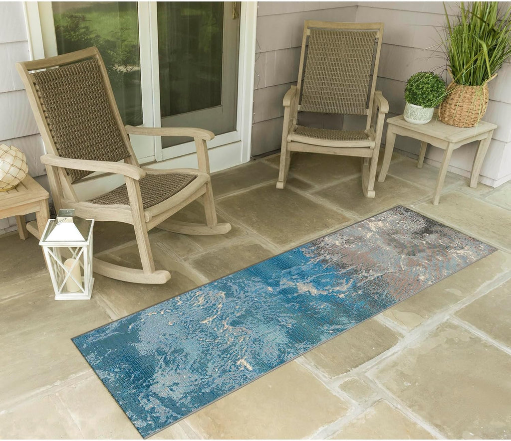 Liora Manne Marina Low Profile Durable Indoor/Outdoor Woven Rug- Surf Ocean 1'11" x 7'6"