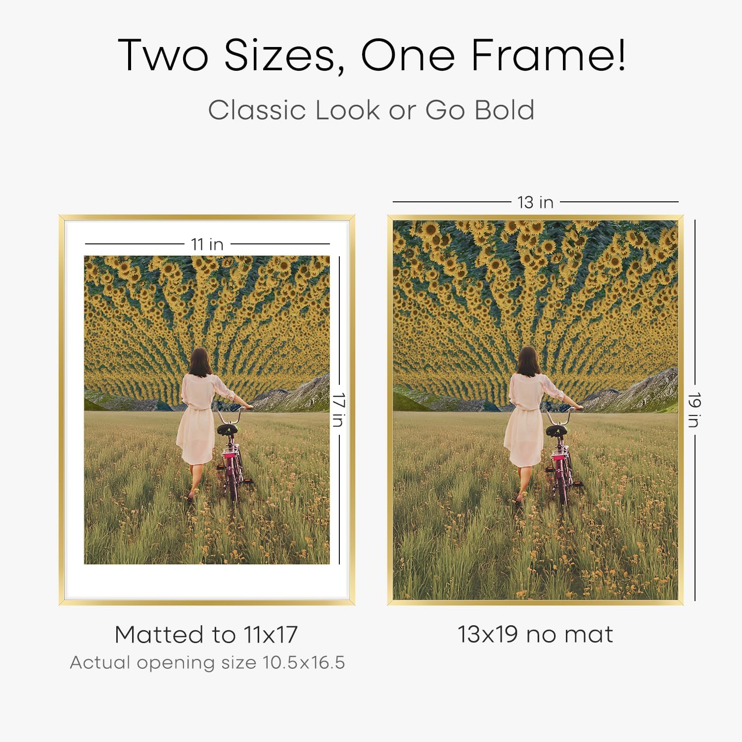 Homeforia 13x19 Picture Frame Gold, High End Metal 13x19 Poster Frames with Mat 11x17 Photo, 13 x 19 Gold Frames Matted to 11 by 17 Print, 19x13 Thin Hanging Frames, Tempered Glass, Wall Kit, Set of 3