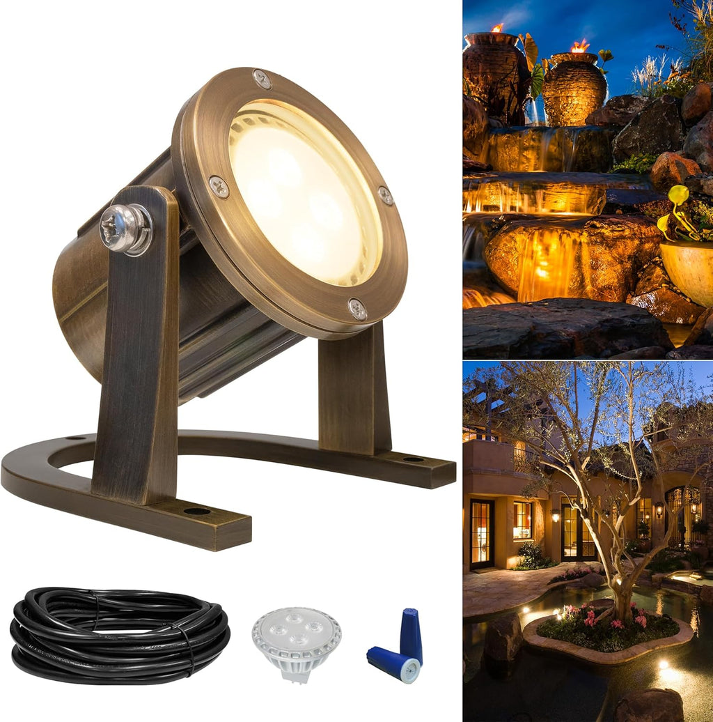 GKOLED Solid Brass Underwater Light, Low Voltage LED Pond Lights, Submersible Fountain Lighting with 5W 2700K 410LM MR16 Bulb, 9-15V AC/DC Outdoor Landscape Waterfall Light, IP68 Rated Pool Spotlights