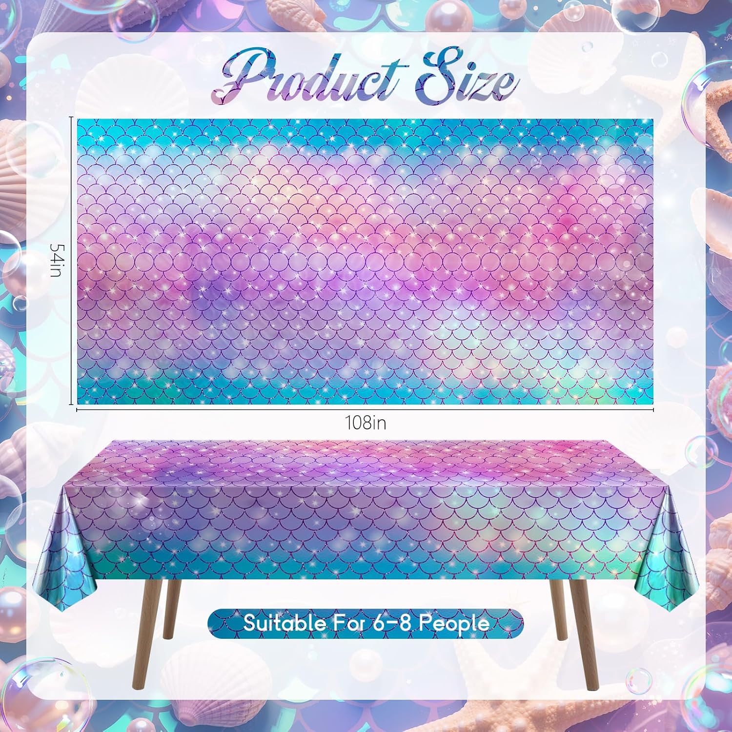 2 Pack Mermaid Tablecloth, 54x 108” Blue & Purple Disposable Table Cover, Fish Scale Design, Plastic Party Decoration for Under The Sea, Princess, Baby Shower, Kids Birthday