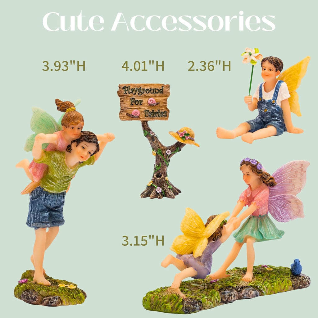 PRETMANNS Fairies for Fairy Garden - Accessories Kit for Indoor Outdoor Miniature Garden – Boy & Girl Figurines with a Cute Sign – 4-Piece Colorful Playground Set