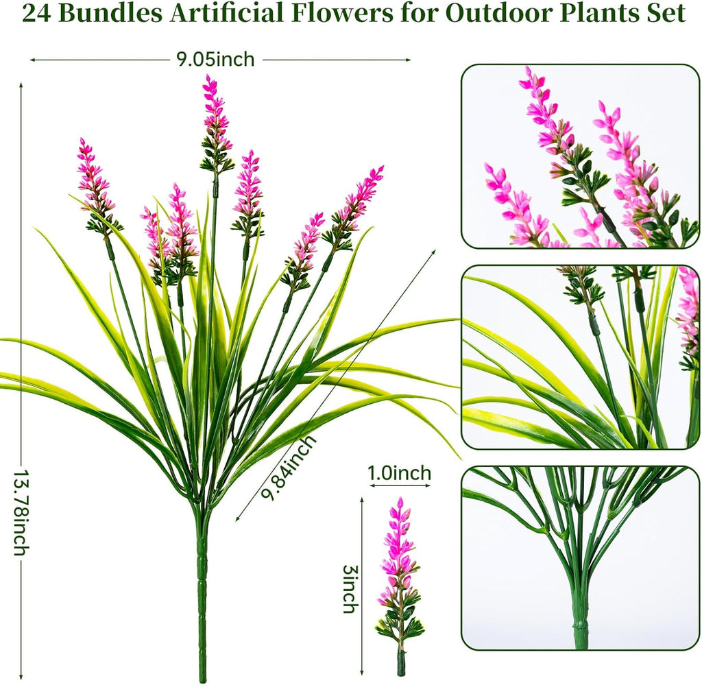 Artificial Flowers for Outdoor Plants 24 Bundles Fake Lavender Plastic Faux Monkey Grass for Verandah Window Garden Office Patio Front Porch UV Resistant for Planter(Pink)