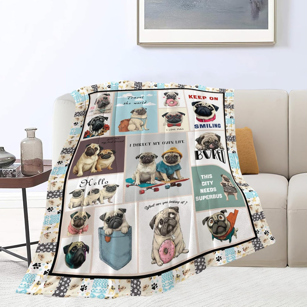 Pug Throw Blanket Pug Puppy Stuff Gifts for Dog Lover Kids Girls Boys Adults Women Men Soft Cozy Warm Plush Fluffy Fuzzy Fleece Blanket Decor 50''X60''