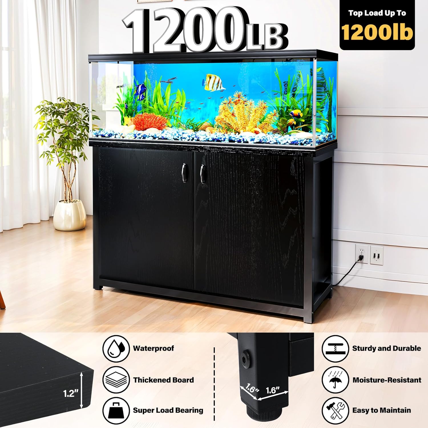TC-HOMENY 55-75 Gallon Fish Tank Stand, Aquarium Stand with Charging Station and Large Storage Cabinet, 1200LBS Capacity, 5-75 Gallon Tank Stand, Fit for Living Room, 29" L x 16.5" W Tabletop