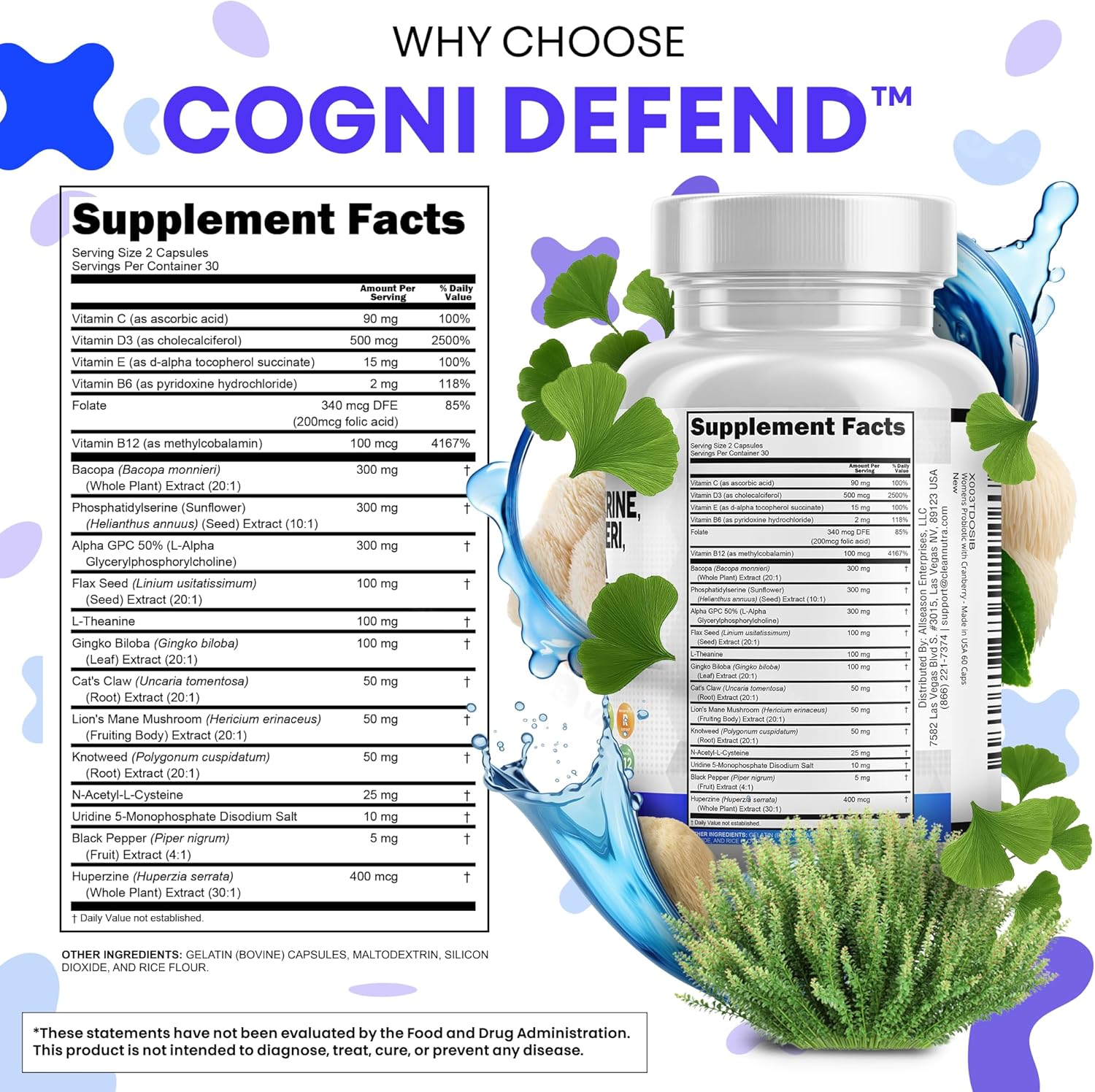 Clean Nutraceuticals Alpha GPC Choline Phosphatidylserine Bacopa Monnieri Ginkgo Biloba Huperzine A Supplement with Urdine Lions Mane Cats Claw NAC Vitamin C B D E