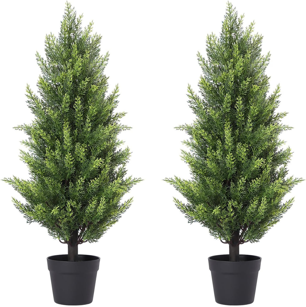 3FT Artificial Cedar Christmas Topiary Trees Set of 2 - Realistic Faux Cypress Plants UV Resistant for Outdoor Planter, Fake Bushes & Shrubs for Porch Front Door Outside UV Rated, 3 Feet Tall, 2 Pack
