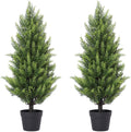 3FT Artificial Cedar Christmas Topiary Trees Set of 2 - Realistic Faux Cypress Plants UV Resistant for Outdoor Planter, Fake Bushes & Shrubs for Porch Front Door Outside UV Rated, 3 Feet Tall, 2 Pack