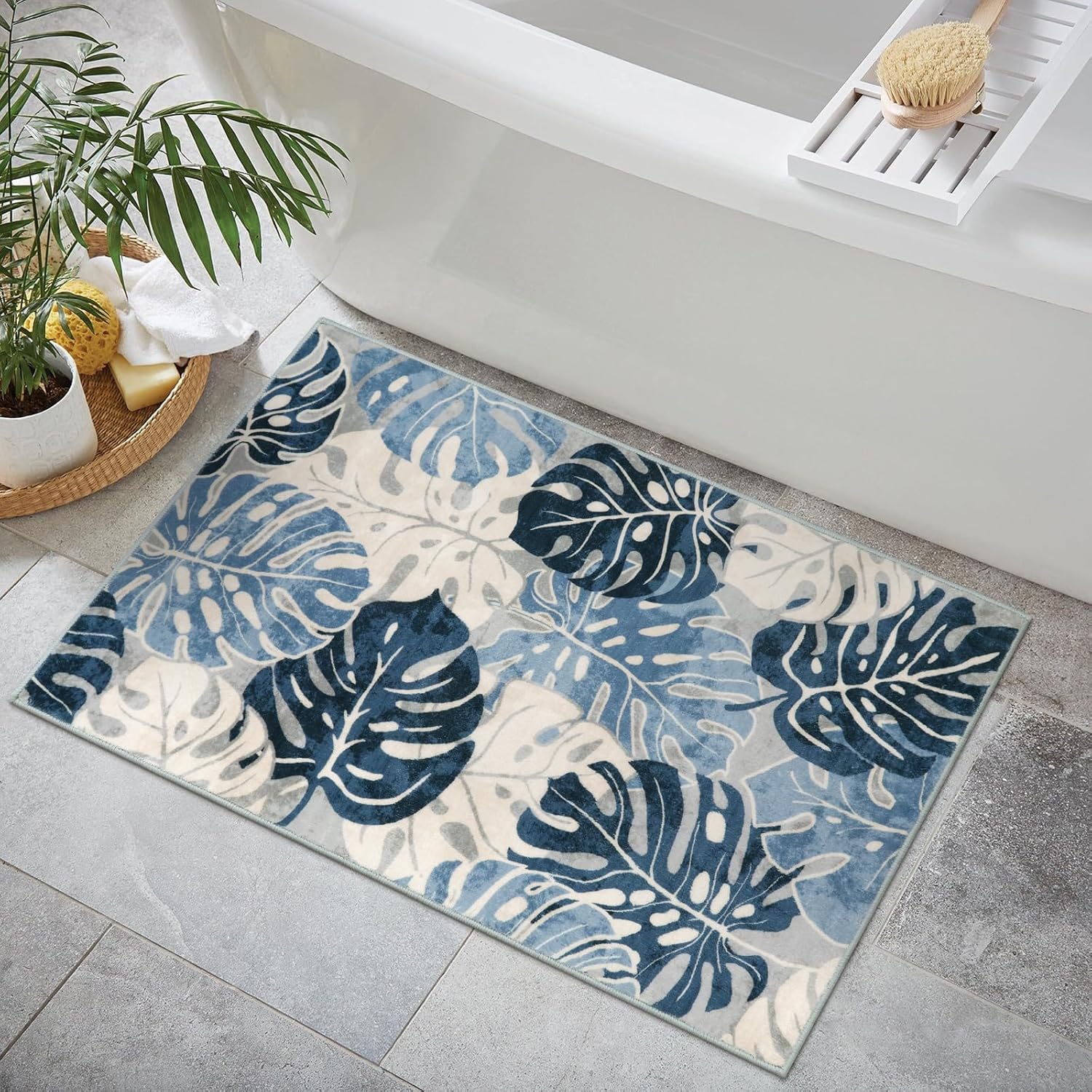 Wonnitar Leaf 2x3 Kitchen Rug, Small Bathroom Blue Rug, Washable Bedside Accent Mat, Monstera Plant Coastal Non-Shedding Soft Entryway Floor Carpet for Laundry Room Entrance Bath