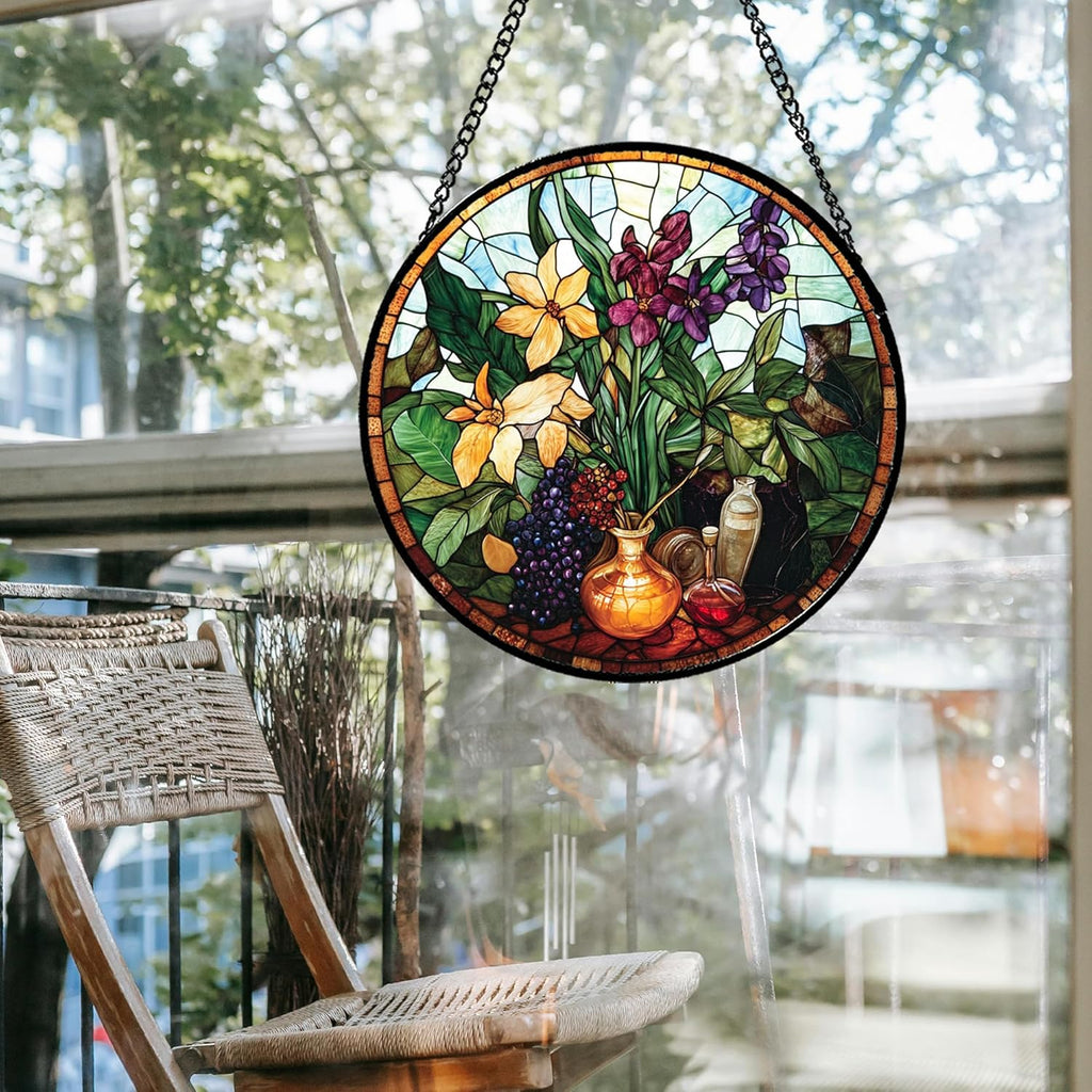 Stained Glass Window Hanging Berry Plant Purple Yellow Flowers in Vase 7.8" - Suncatcher Door Garden Sun Catcher Home Decor Birthday Christmas for Mom Men Woman Nana