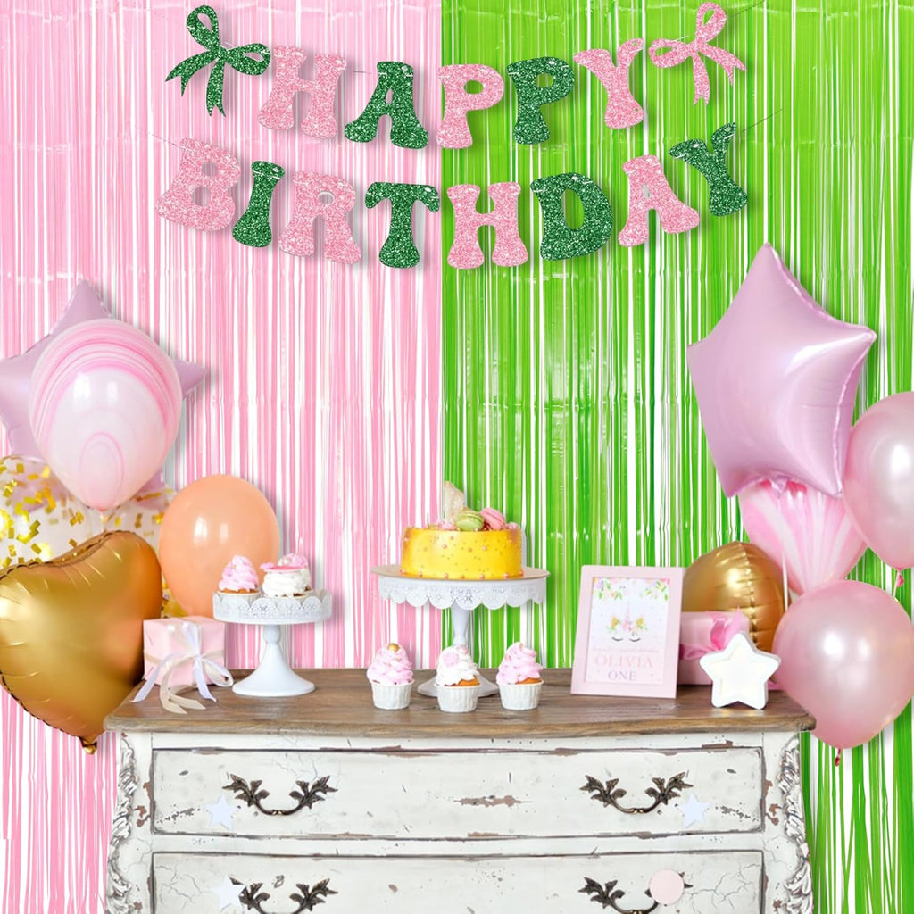 BRAVESHINE Party Streamers Backdrop - 2 Pack 3.2ft X 8.2ft Tinsel Foil Fringe Curtains for Christmas/Fairy/Girl/Birthdays/Wizard/Bridal/Baby Shower/Photos Booths/Pink and Green Party Decorations