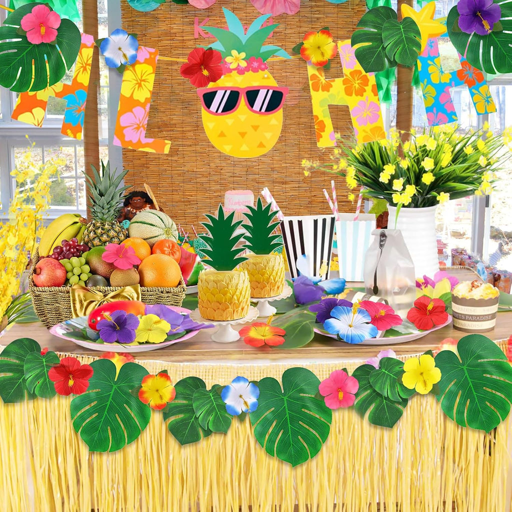120Pcs Luau Party Decorations Fake Plants Palm Leaves Monstera Hibiscus Flowers Simulation Artificial Leaf for Hawaiian Luau Safari Parties Jungle Beach Wedding Birthday Theme Party Table Decorations