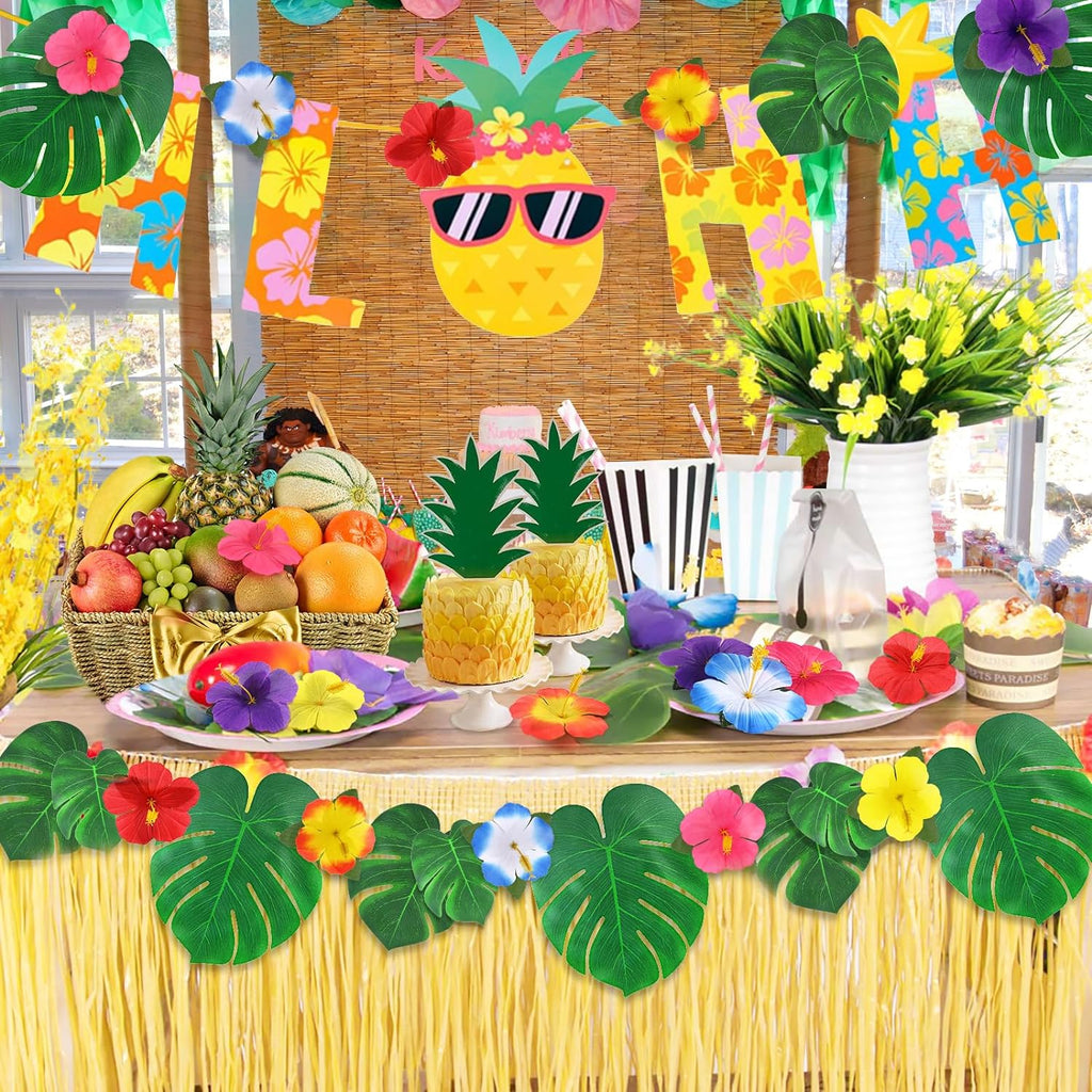 126Pcs Luau Party Decorations Supplies Tropical Palm Leaves Hibiscus Flowers Simulation Artificial Leaf for Hawaiian Luau Safari Parties Jungle Beach Theme BBQ Birthday Party Decorations Table Décor