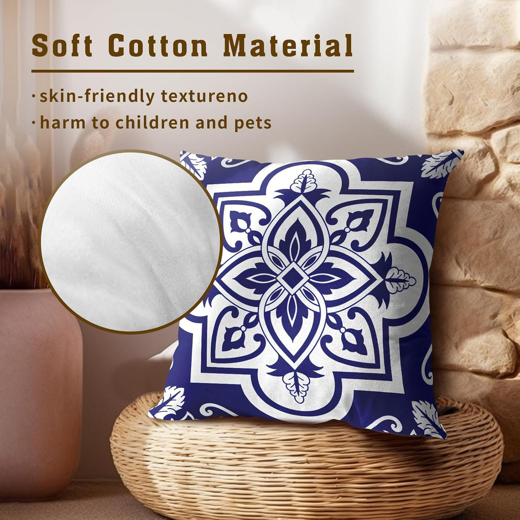Navy White Geometric Floral Throw Pillowcases Set of 2 All-Season Soft Pillow Covers with Hidden Zipper,Durable for Sofa Bed Car Decor & Gift 18x18Inch