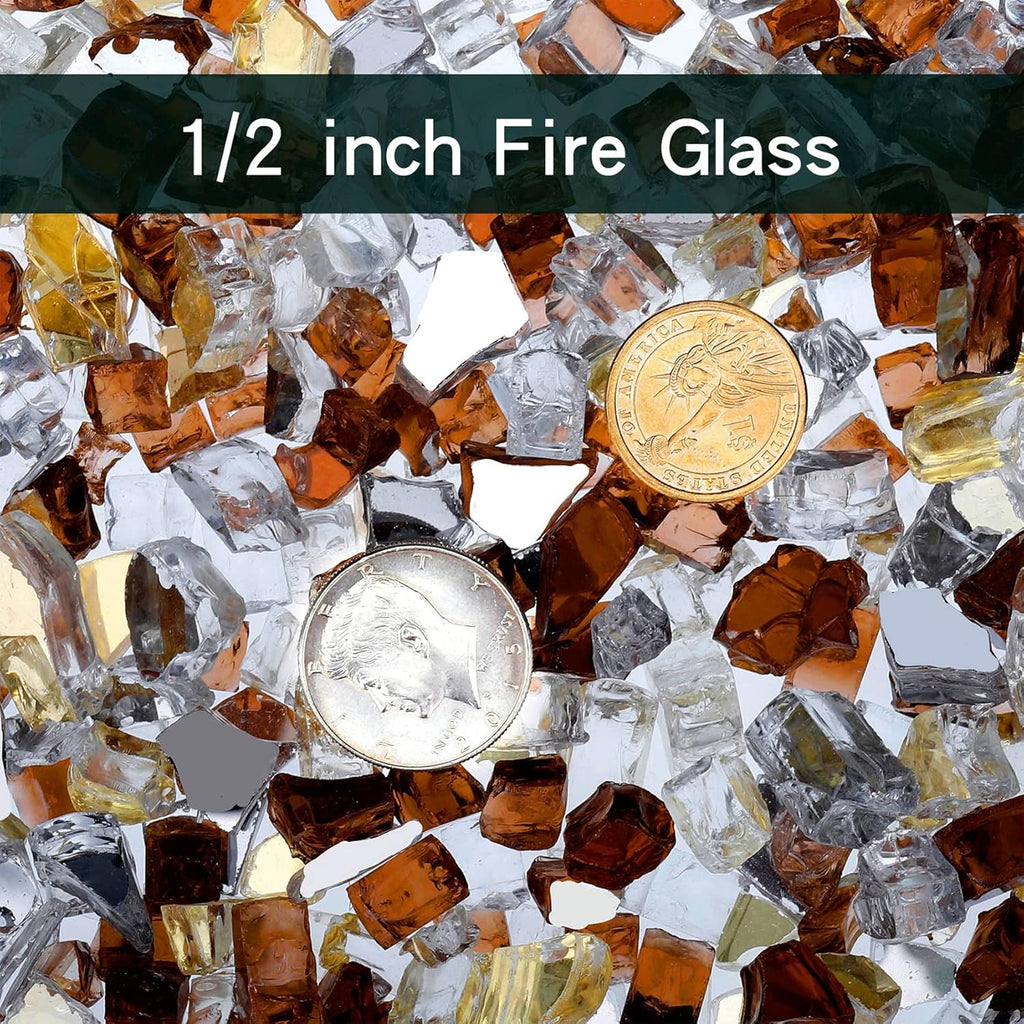 Onlyfire 10 Pounds Blended Reflective Fire Glass for Fire Pit Fireplace and Landscaping, 1/2 Inch Mixed Colored High Luster Fireglass Rocks for Outdoor and Indoor Use - Gold+Platinum+Copper