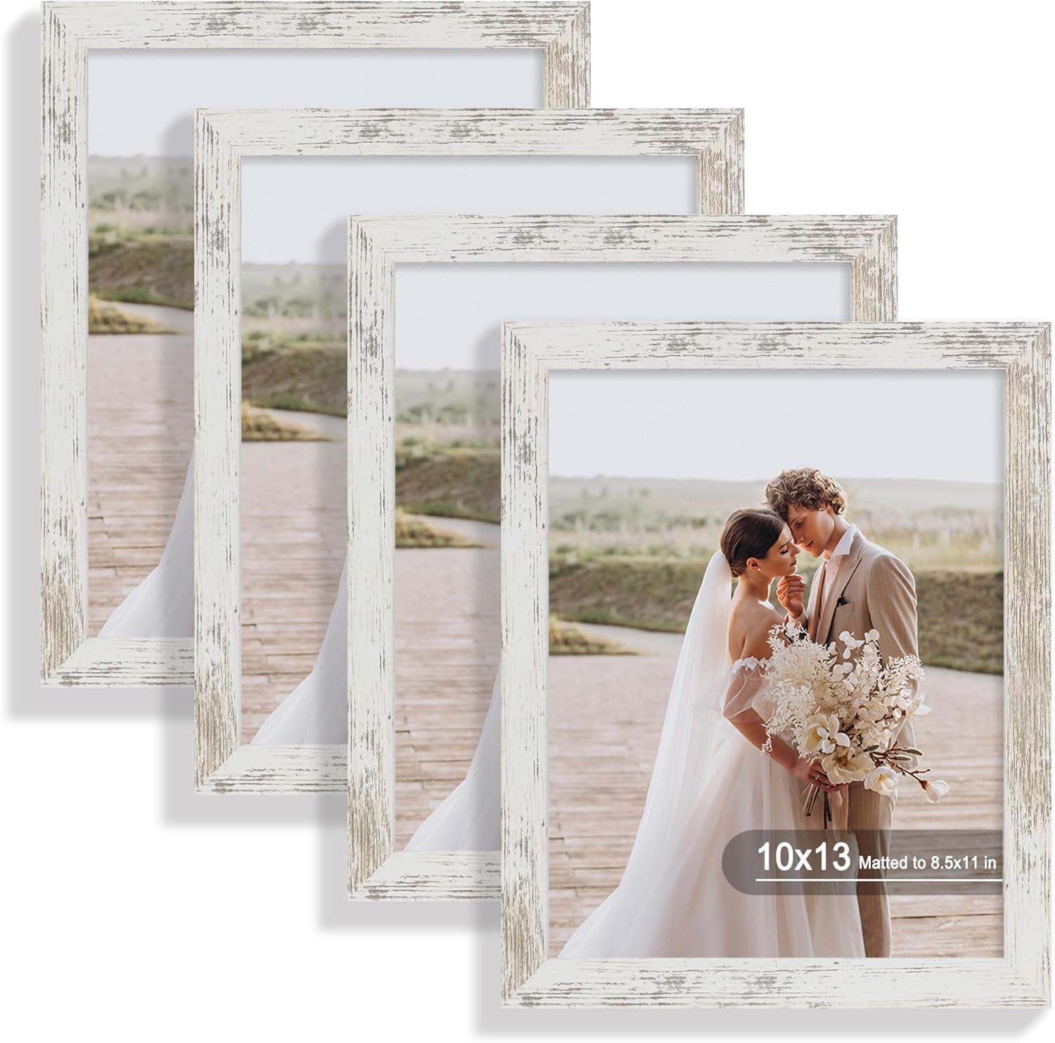 10x13 Picture Frame Set of 4, Made of Real Glass and Distressed White Frame, 10 by 13 Photo for Wall or Tabletop - Display Picture 8.5x11 with Mat or 10x13 Without Mat