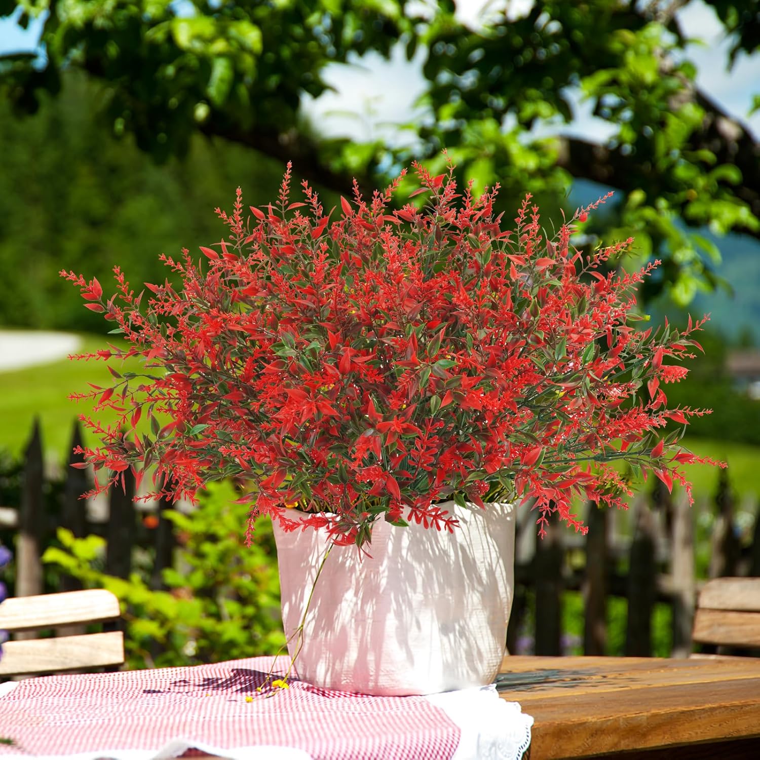 42 Pcs Fake Lavender Flowers Outdoor UV Resistant Faux Plastic Lavender Flowers No Fade Artificial Lavender Purple Plants for Outside Garden Porch Window Box Hanging Planter Decor (Red)