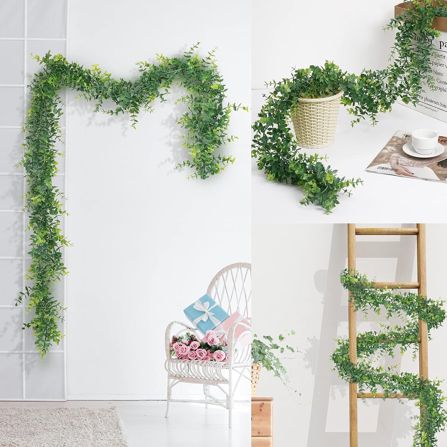 Artflower 3 Pack Artificial Eucalyptus Garland, 5.9Ft/pcs Faux Eucalyptus Vines Greenery Garland Fake Eucalyptus Plant Wedding Backdrop Arch Wall Table Party Festival Decor, Grey Green