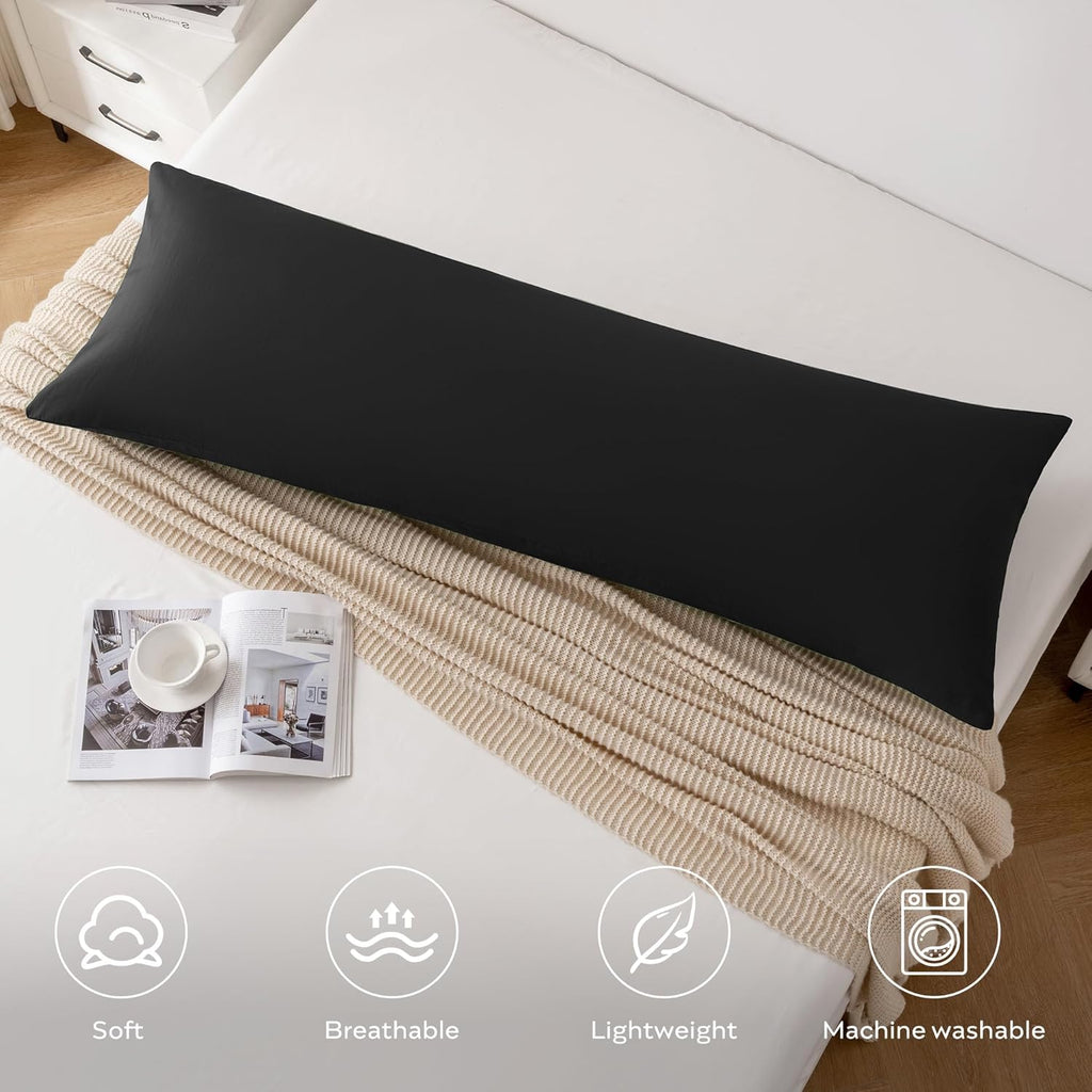 JELLYMONI Pillowcase Body 1pc Cotton Envelope Pillow Cover Pure Black 20×54in Bed Pillow Case 100% Washed Cotton Soft Breathable (Pillows are not Included)