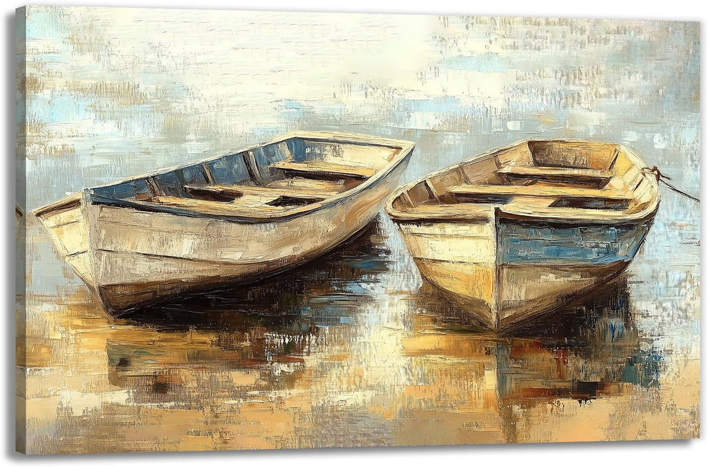 GLOKAKA Rustic Beach Boat Canvas Wall Art Retro Ship Poster Coastal Landscape Painting Prints Abstract Ocean Theme Artwork for Bathroom Bedroom Farmhouse