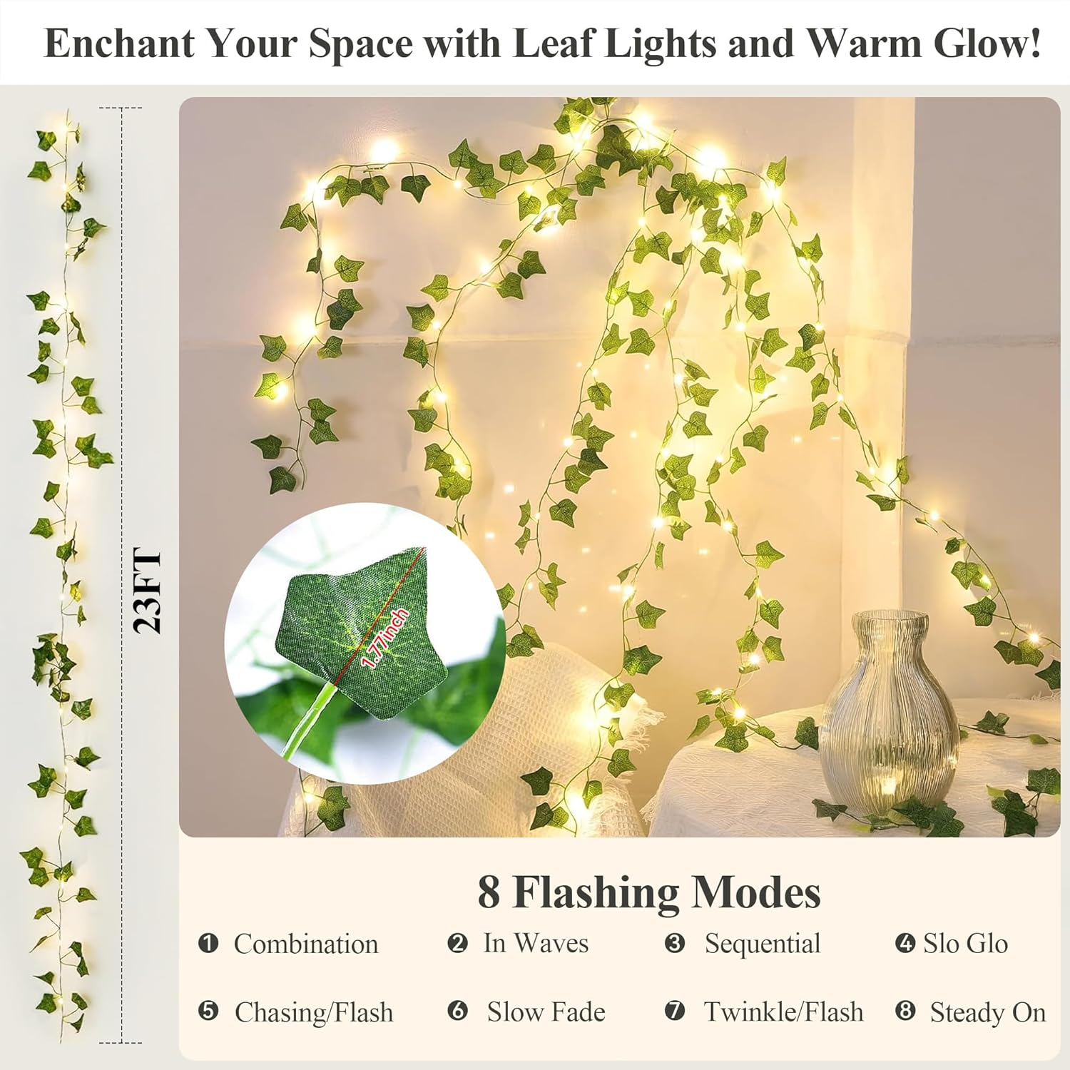 YOUNGAR Ivy Vines with Fairy Lights,Leaf String Lights Battery/USB Operated,23FT 73LED Fake for Bedroom Wall Room Wedding Birthday Garden Party Wall Room Decor (Warm White)