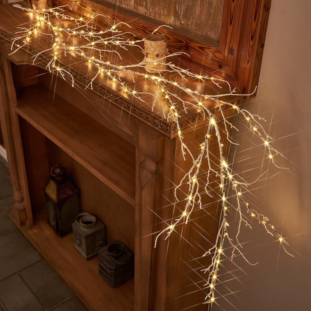 Fudios White Willow Garland Lights 6ft 120LED for Christmas Decoration Lighted Birch Garland Plug in for Christmas Home Party Decor