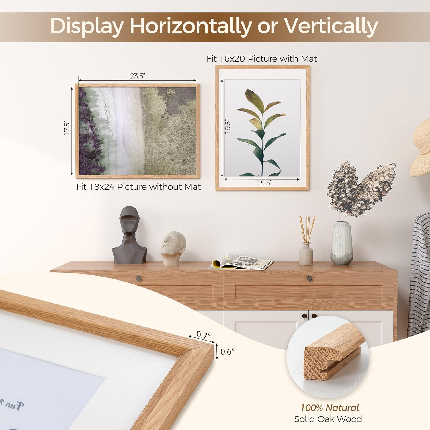 Fun Memories 18x24 Poster Frame, Solid Oak Wood Poster Frames, Modern Photo Frame for Wall 18x24 with 16x20 Mat, High Definition Plexiglass & Wall Hook Included (Beige, 2 Pack)