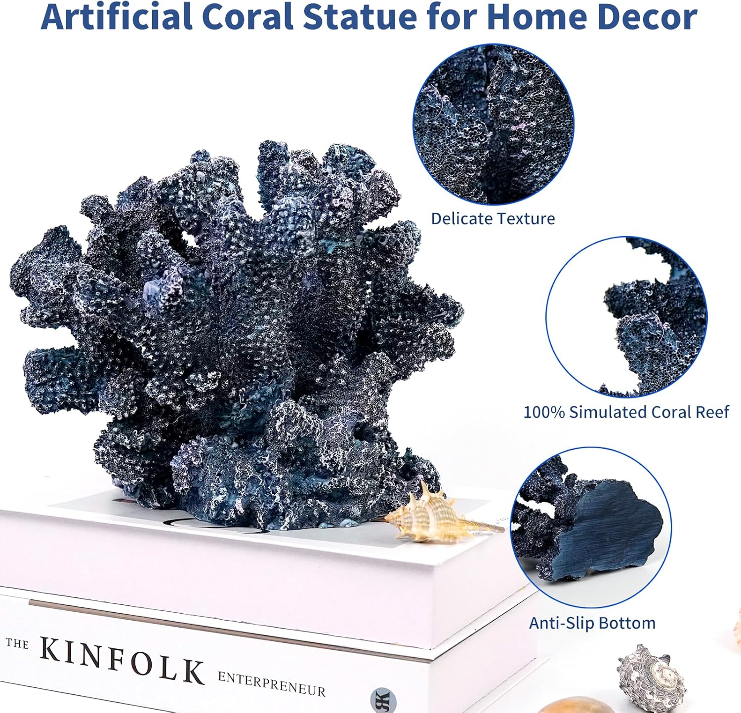 Coral Beach Decor, 7'' High x 8.6'' Width Artificial Resin Coral Reef Statue for Ocean Coastal Beach Nautical Themed Room Bathroom Decor for Home, RB1005B, Blue