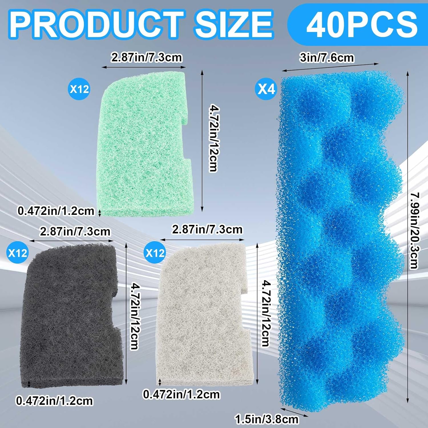 40 Pcs Replacement Filter Media Kit Compatible with Fluval 306/307, Aquarium Filters Set Including 4 Biological Foams, 36 Ammonia/Phosphate/Nitrite Remover