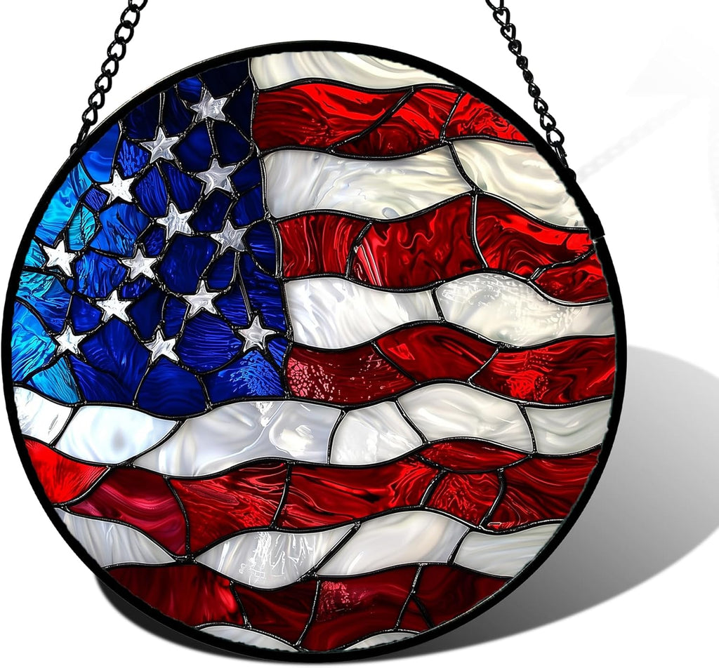 Stained Glass Window Hanging, Blue, White Red National Flag Pattern Sun Catchers Diamond Glass Panel Window Hangings Decor for Birthday Gifts for Women, Men, and Mom 11.8x11.8 in