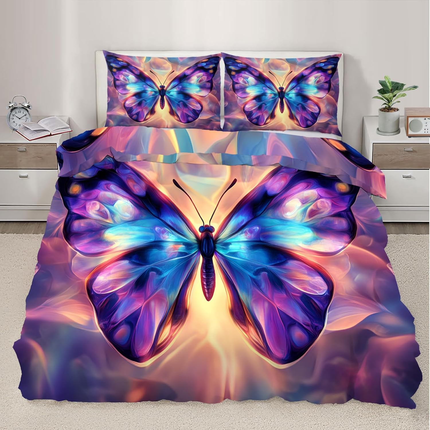 Beautiful Butterfly Duvet Cover King Size, Colorful Butterfly Bedding Set 3 Piece Bedroom Decor Neon Purple Comforter Cover and 2 Pillow Sham with Zipper Closure