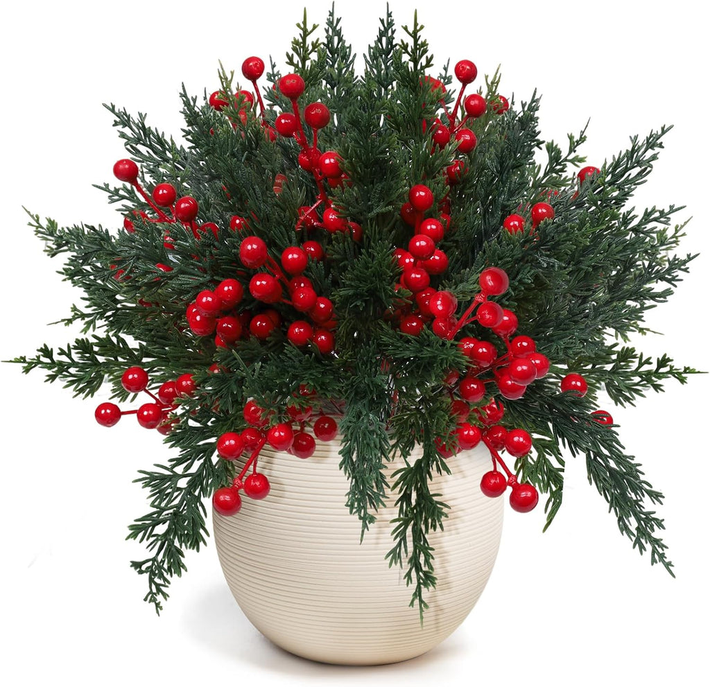 100 Pcs Christmas Artificial Pine Branches with Red Berry Stems 10.5" Faux Evergreen Norfolk Pine Cypress Leaves Stems, Fake Foliage Pine Needles Picks for Xmas DIY Craft Garland Home Decor